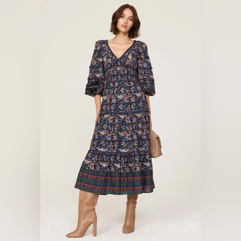 NWT Sea New York Navy ‘Noah’ Smocked Long Sleeve Floral Bird Midi Dress, Size 0